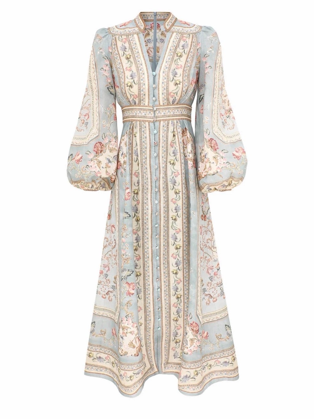 Zimmermann style Light Blue Floral Boho Maxi Dress with Button Front